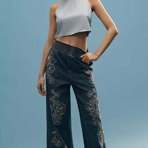 Anthropology | Driftwood Isadora Embroidered High-Rise Wide-Leg Jeans